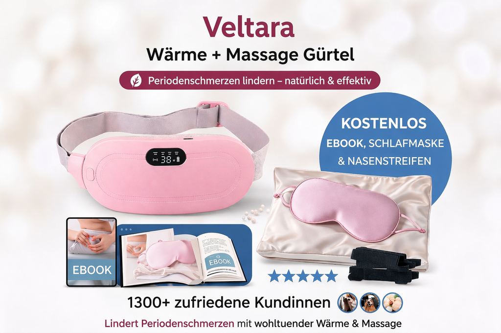 Veltara Komfort-Set – Wärmegürtel, Schlafmaske, Nasenstreifen, Wärmepflaster und eBook gegen Periodenschmerzen