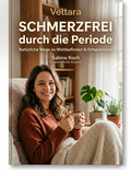 Schmerzfrei durch die Periode – Veltara eBook Cover, digitaler Ratgeber für natürliche Periodenkomfort-Routinen und Selfcare-Tipps