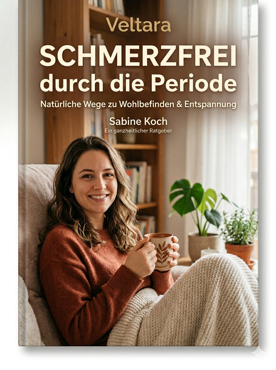 Schmerzfrei durch die Periode – Veltara eBook Cover, digitaler Ratgeber für natürliche Periodenkomfort-Routinen und Selfcare-Tipps