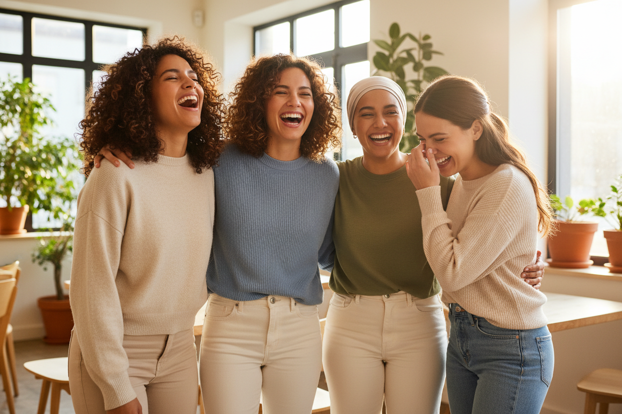 erstlle mir weibliche personen wie die am lachen sind 