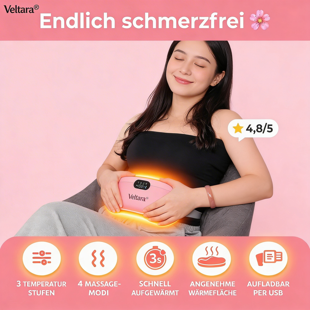 Frau lindert Periodenschmerzen mit Veltara Wärme- und Massagegürtel – 4,8 von 5 Sternen Bewertung